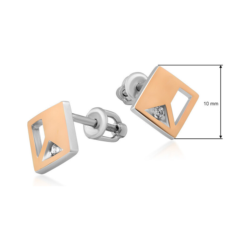 Kolczyki srebrne ze złotą blaszką w kształcie kwadratu z cyrkonią DC 669_AU375 blaszka rose