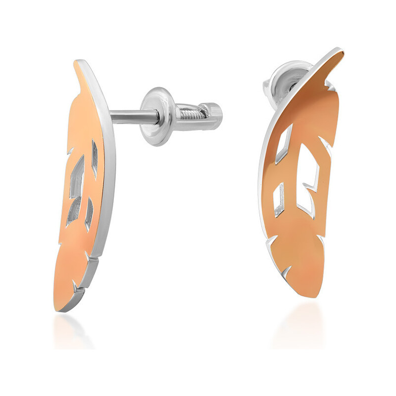 Kolczyki srebrne ze złotą blaszką w kształcie ażurowego piórka DC 673_AU375 blaszka rose