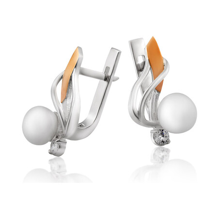 Kolczyki srebrne ze złotą blaszką i białą perłą DC 438_AU375 blaszka rose