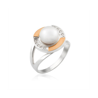 Pierścionek srebrny w kształcie koła ze złotą blaszką i perłą DC 020_AU375
