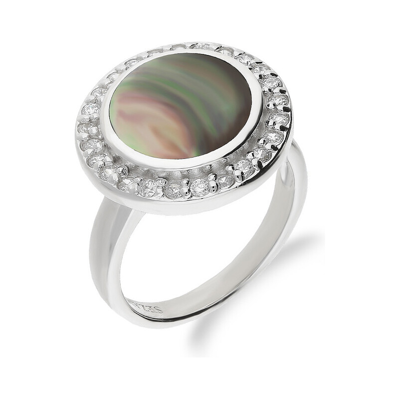 Pierścionek kółko z zieloną masą perłową i cyrkoniami  NJ 7844 zielona próba 925