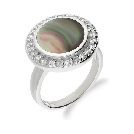 Pierścionek kółko z zieloną masą perłową i cyrkoniami  NJ 7844 zielona próba 925