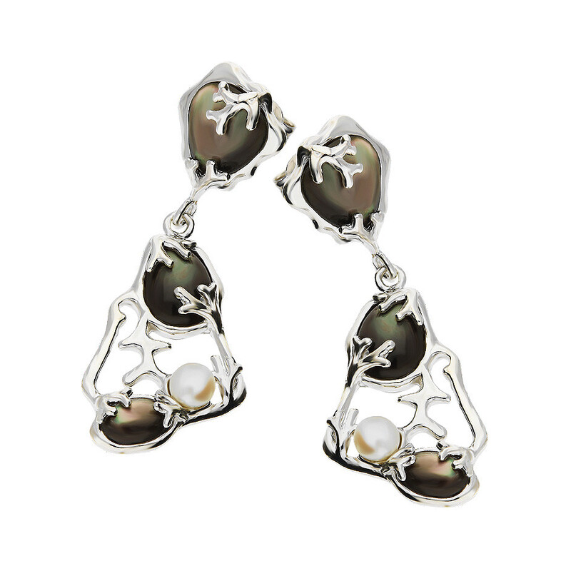 Kolczyki siatka z szaro-fioletową masą perłową i perłą NJ 7832 próba 925