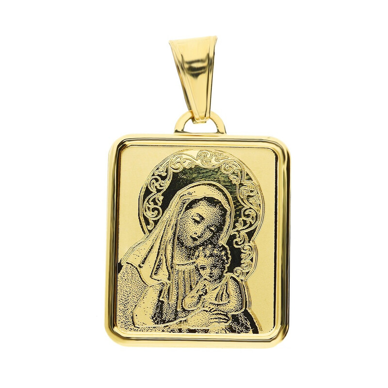 Medalik złoty z wizerunkiem Matki Boskiej z Dzieciątkiem prostokąt nr OS 204-IP69-18 laser próba 585  