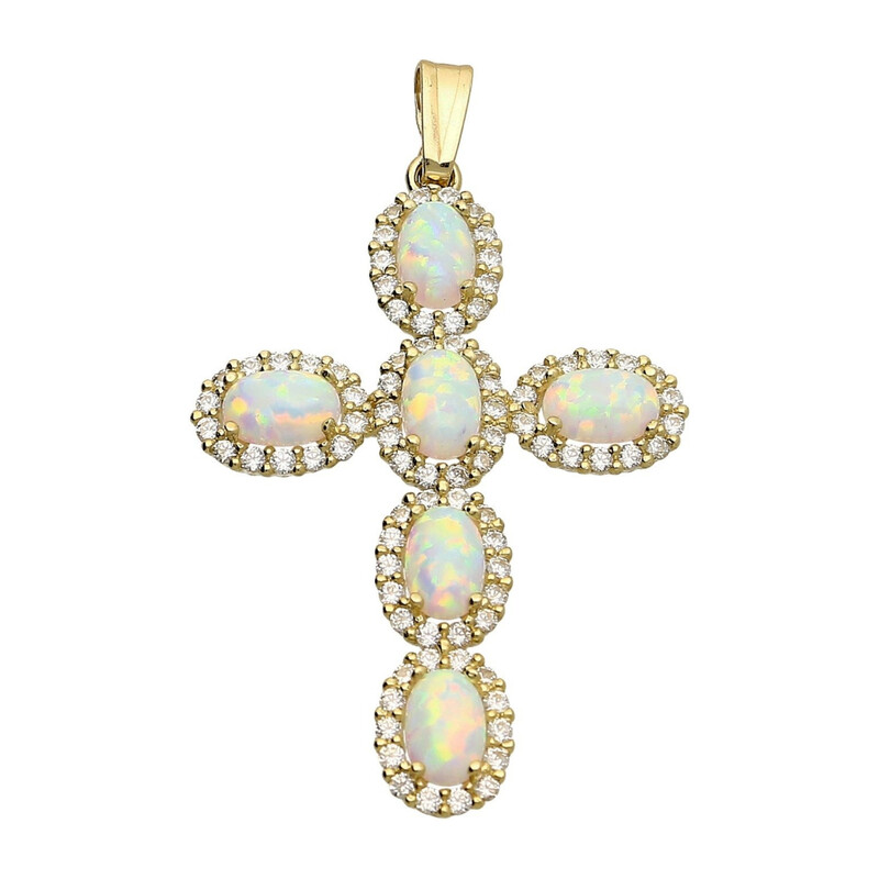 Złoty Krzyżyk z Opalem i Cyrkoniami pr. 585 - JubilerSezam.pl