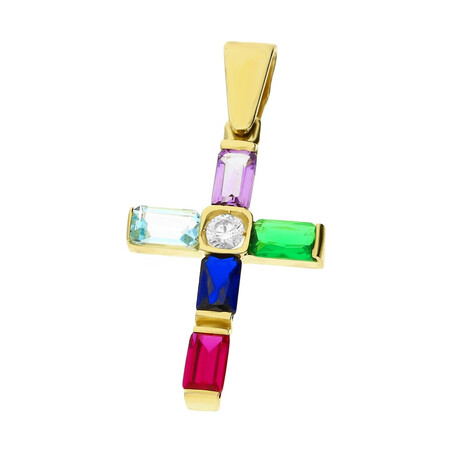 Krzyżyk złoty z kolorowymi cyrkoniami OS 96-0031-MULTI-CR próba 585