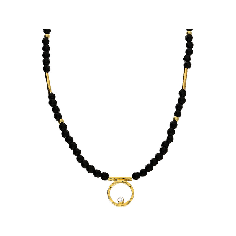 Naszyjnik srebrny pozłacany z onyksem i kółkiem nr AU EM12-1czarny próba 925