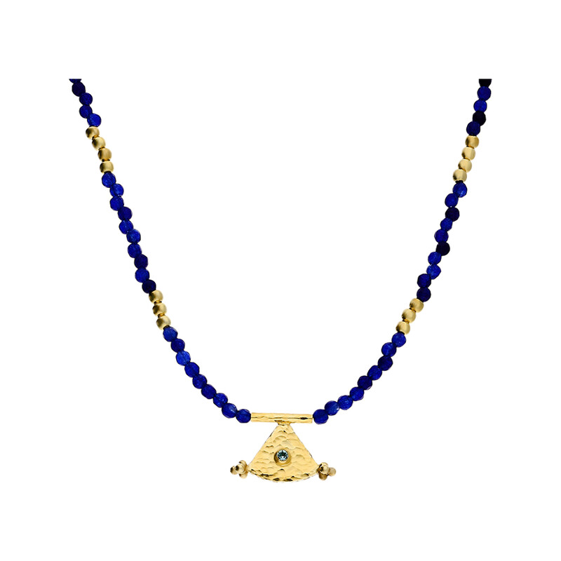 Naszyjnik srebrny pozłacany z niebieskimi agatami i trójkątem nr EM12-1 szafir próba 925