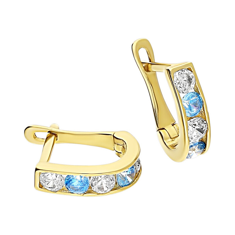 Kolczyki złote dla dziewczynki przecinki z niebieskimi i białymi cyrkoniami MZ T5-A3 próba 375
