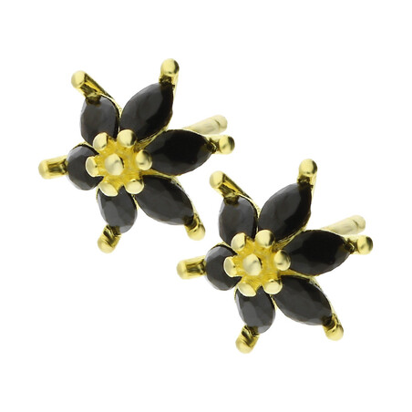 Kolczyki pozłacane kwiatek z łezkami z czarnych cyrkonii/sztyft TB 11088 GOLD próba 925