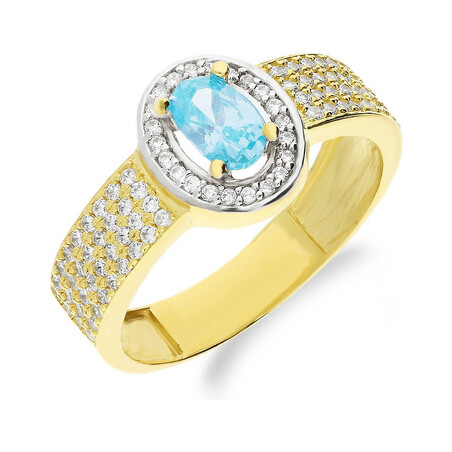 Pierścionek złoty niebieski kamień jubilerski z cyrkoniami  NB 50730 TOP próba 585