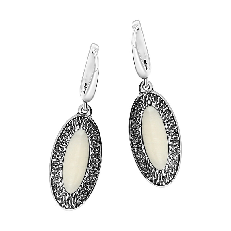 Kolczyki owal podłużny z białym kamieniem+ramka kora SZ258 biały perłowy próba 925