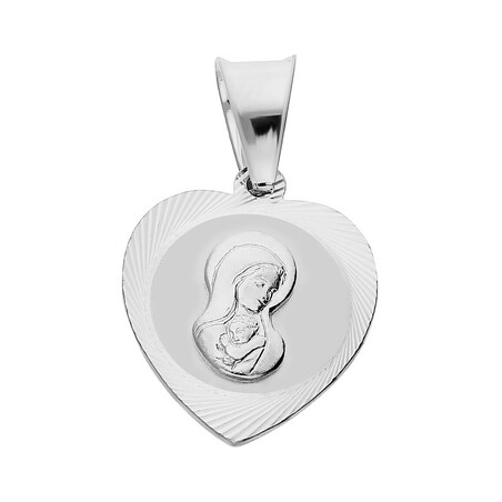 Medalik srebny rodowany z wizerunkiem Matki Boskiej z Dzieciątkiem w sercu
