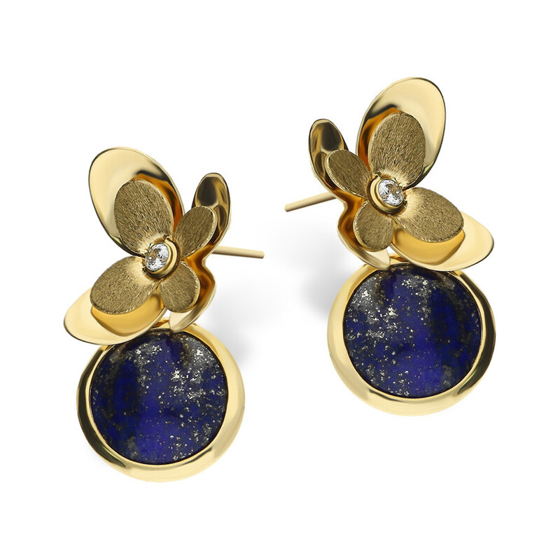 Kolczyki złote kwiatek z cyrkonią i lapis lazuli/sztyft S FL-015 próba 585