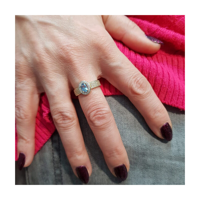 Pierścionek złoty niebieski kamień jubilerski z cyrkoniami  NB 50730 TOP próba 585