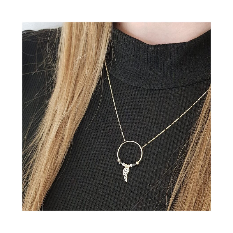 Naszyjnik złoty skrzydło ażur, grawerowane kulki i czarne cyrkonie/anker LP 47K45-FON0045-YW-BCZ próba 375